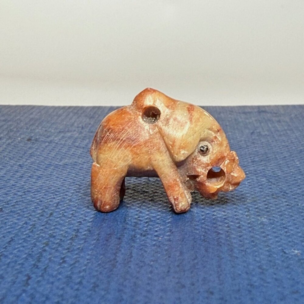 Vintage Carved Stone Miniature Lucky Elephant Figurine Charm Pendant Trunk Up